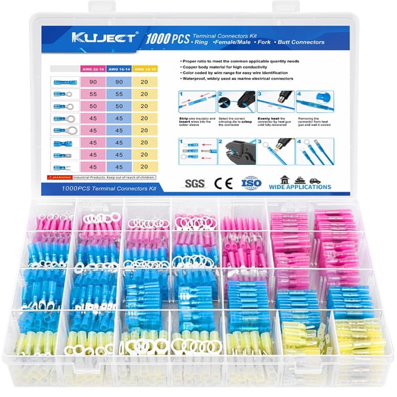 Kuject 1000PCS Heat Shrink Wire Connectors Kit, Electrical Waterproof Crimp Butt Terminals, Insulated Spade Connectors for Automotive Marine Boat Tru