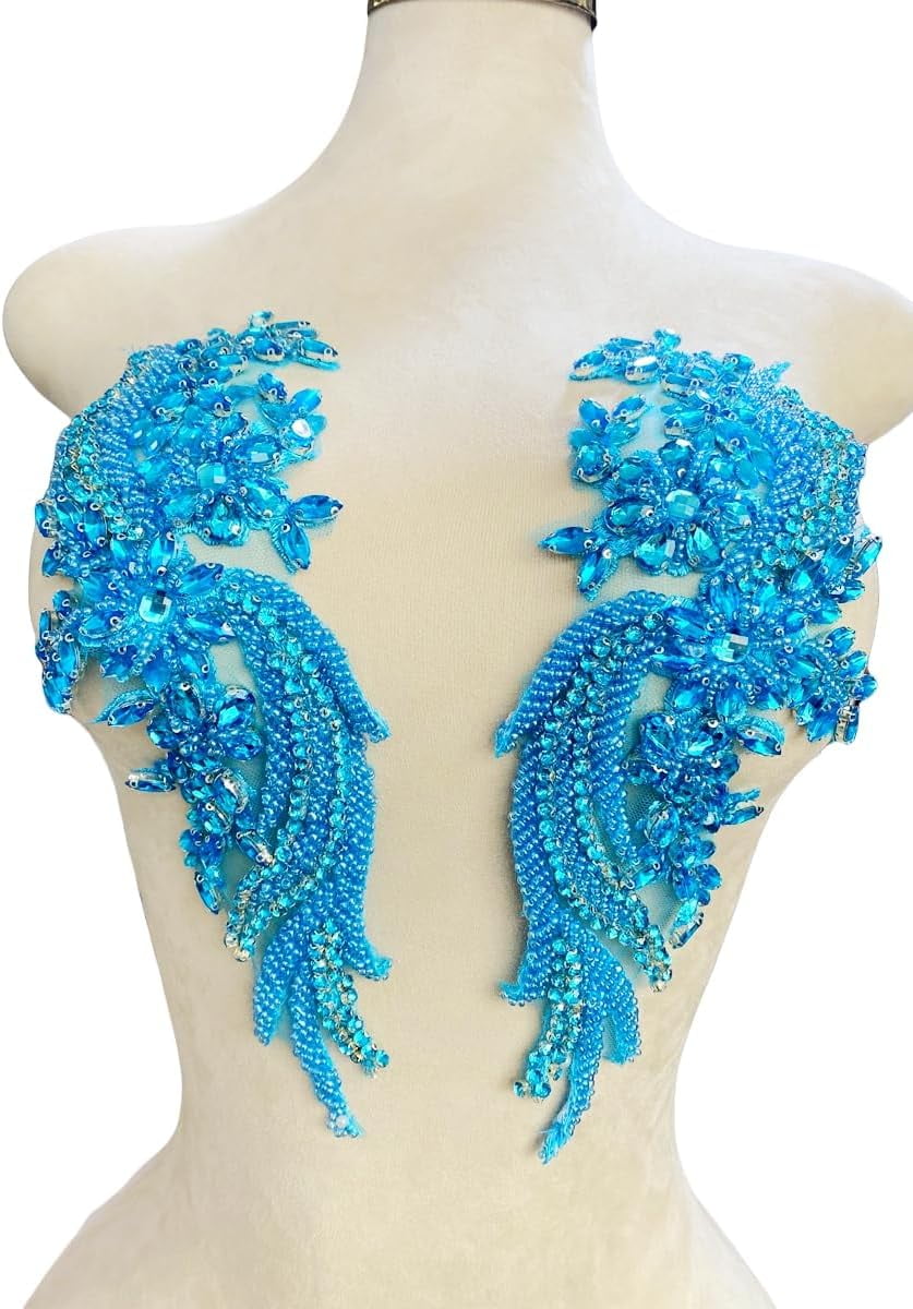1 par de parches de cristal hechos a mano con cuentas corpiño encaje DIY apliques parches accesorio para ropa de vestir 35X12cm (Sky blue)