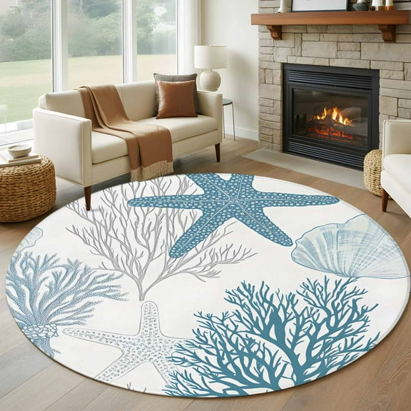 Starfish Coral Round Area Rug 5 FT, Non Slip Bedroom Area Rug, Coastal Ocean Seagrass Nautical Nature Washable Soft Circular Carpet Non-Shedding Floor Mat for Kitchen Dining Room Foyer Balcony Dorm