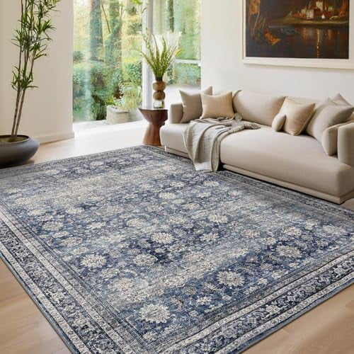Washable vintage printed rug with non-slip backing, stain-resistant, oriental throw rug, farmhouse low-pile rug for bedroom, living room, blue,5*7FT
