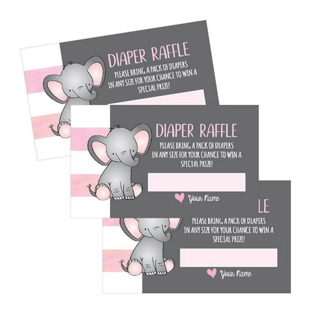 25 Diaper Raffle Ticket Lottery Insert Cards For Pink Girl Elephant Baby Shower Invitations, Supplies and Games For Baby Gender Reveal Party, Bring a Pack of Diapers to Win Favors, Gifts and