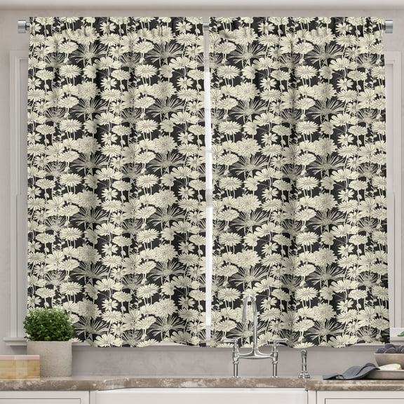 Ambesonne Flower Kitchen Curtains, Monochrome Spring Growth, 55"x39", Black and Beige
