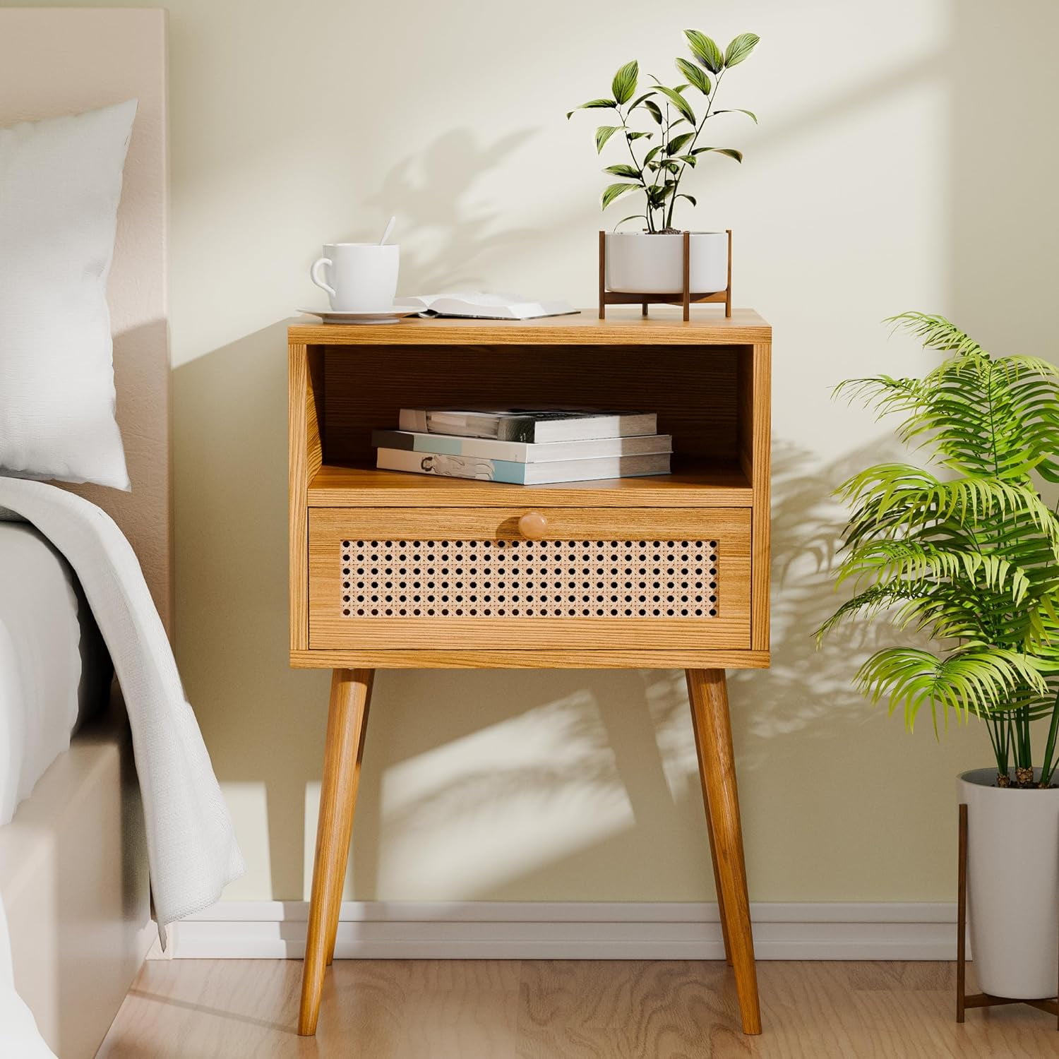 Rattan Nightstand Bedside Tables Modern Wood Side Table Small End Table for Bedroom Living Room with Long Solid Wood Legs Drawer and Open Shelf Walmart