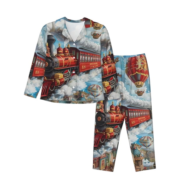 Balery Red Train Hot Air Balloon Conjunto de Pijama con Estampado para Mujer, Conjunto de Dos Piezas con Manga Larga, Ropa de Dormir Suave con Bolsillos, Pijamas Cómodos-Medium