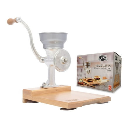Corona Cast Iron Corn and Grain Mill with Wooden Table, Manual Grinder with Table