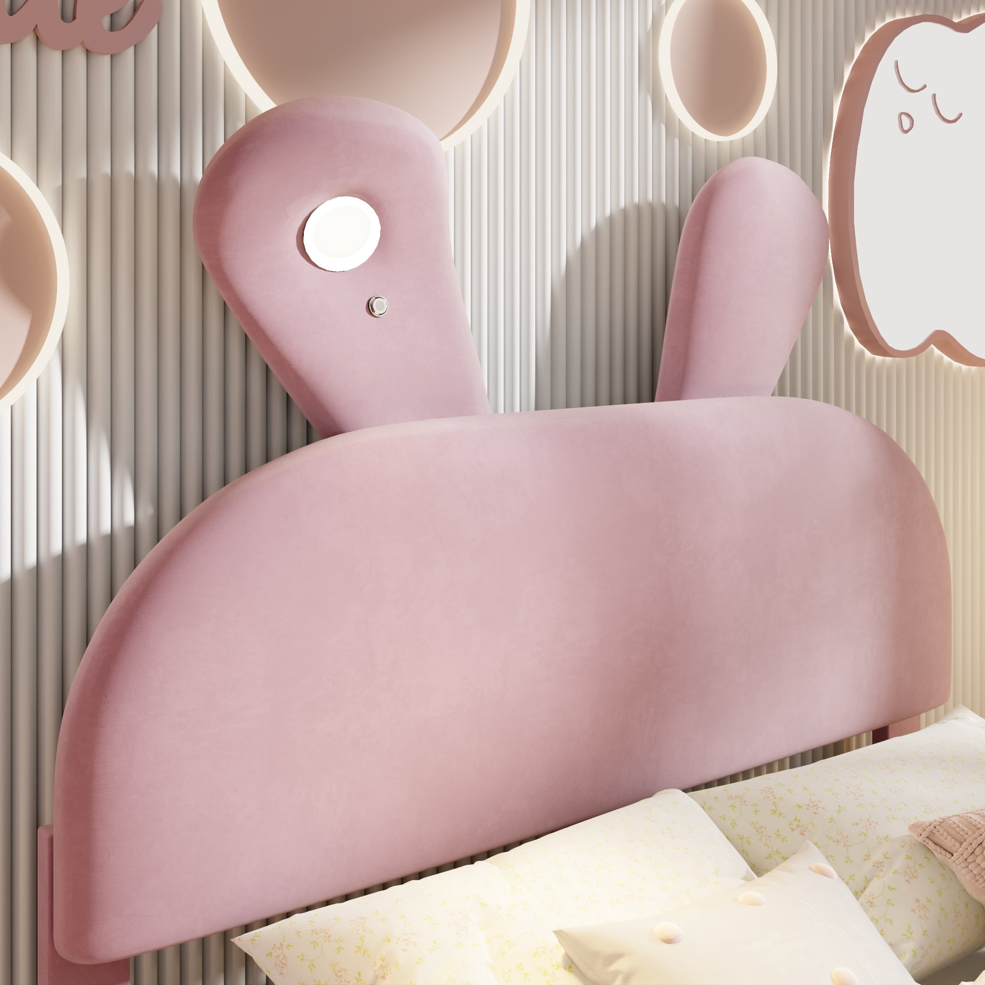 Mintazer Full Size Upholstered Bed with Bunny Ears Shaped Headboard, Platform Bed with LED Light & Storage Stools for Kids Adult Girl Bedroom Apartment, Pink