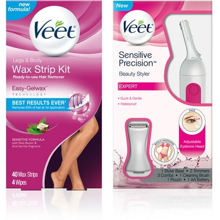 VEET Hair Remover Kit With Leg & Body Cold Wax Strips (40cnt) And Sensitive Precision Trimmer for Eyebrows, Facial