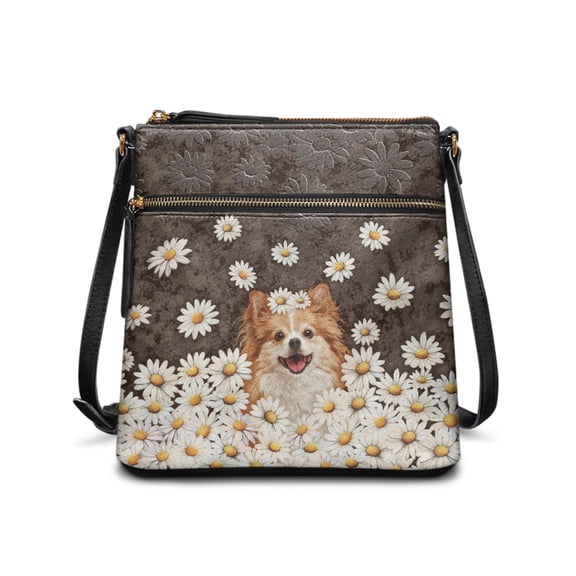 Kuiaobaty Cute Pomeranian Print Crossbody Bag for Women, Daisy Print Portable Leather Satchel Purse with Adjustable Strap, Lightweight Shoulder Handbag Crossbody for Travel & School