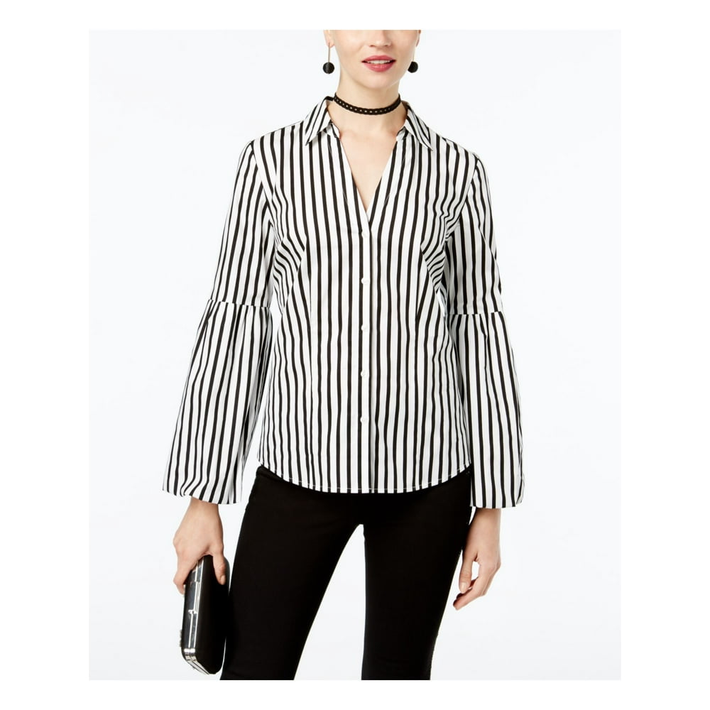 INC - INC Womens White Striped Bell Sleeve Collared Blouse Wear To Work