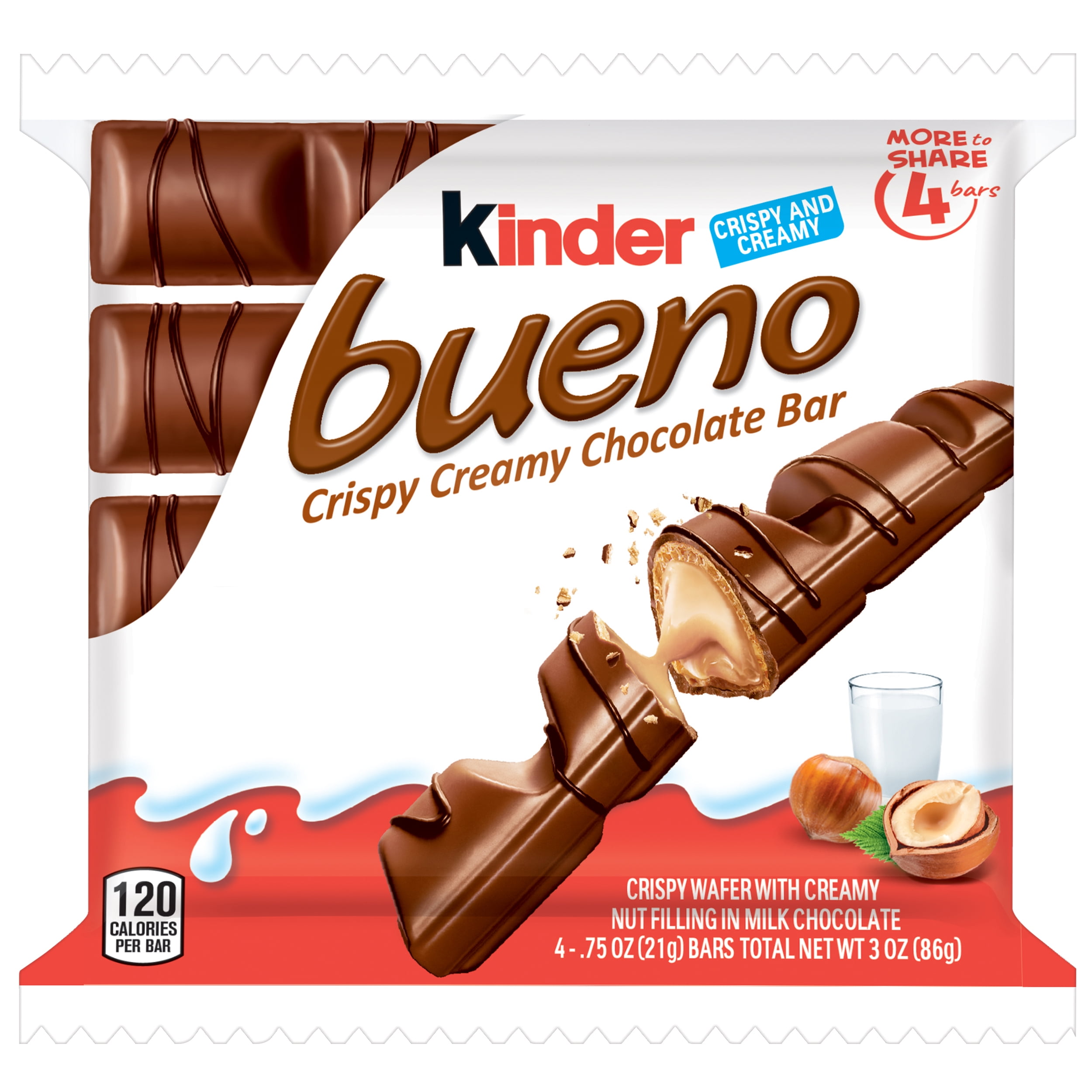 Kinder Bueno Milk Chocolate and Hazelnut Cream, 4 Individually Wrapped Chocolate Bars, Great Holiday Treats, .75 oz