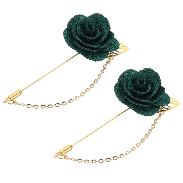 Uxcell 2Pcs Pin de Broche de Solapa de Flor con Hoja de Oro, Cadena de Borlas de Satén Colgante, Ramos Hechos a Mano para el Cuello del Traje, Boda, Fiesta, Verde Oscuro