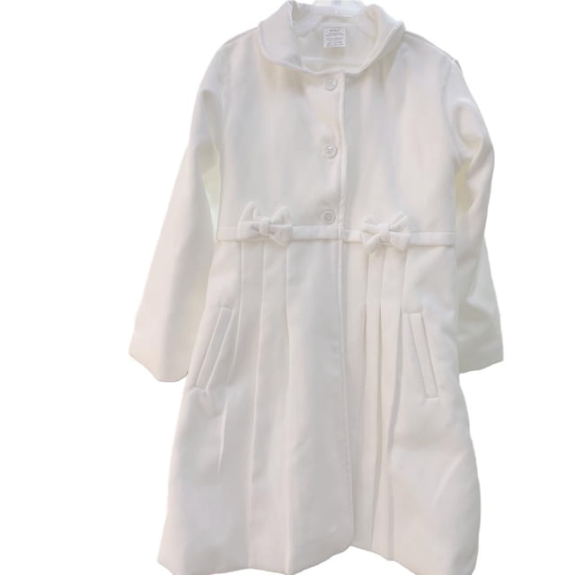 abrigo de niña, Maga boutique,talla2, color blanco, una pieza, con boina, forro completo, detalle de moños,
