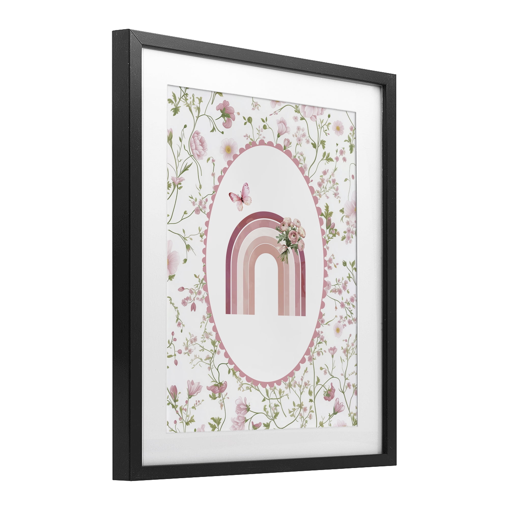 Delicate Florals & Rainbow Black Framed Print Under Glass, design by Christine Simpson Art