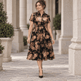 thumbnail image 2 of Women's Vintage Gold Peony Satin Midi Dress Mandarin Collar Short Puff Sleeve Hidden Pockets A-Line Dress, 2 of 6