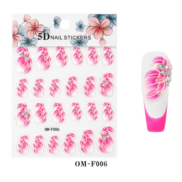Calcomanías de uñas con diseño floral 3D, adhesivas y duraderas, modelo OM-F006 06#, ideal para manicura profesional o uso en casa.