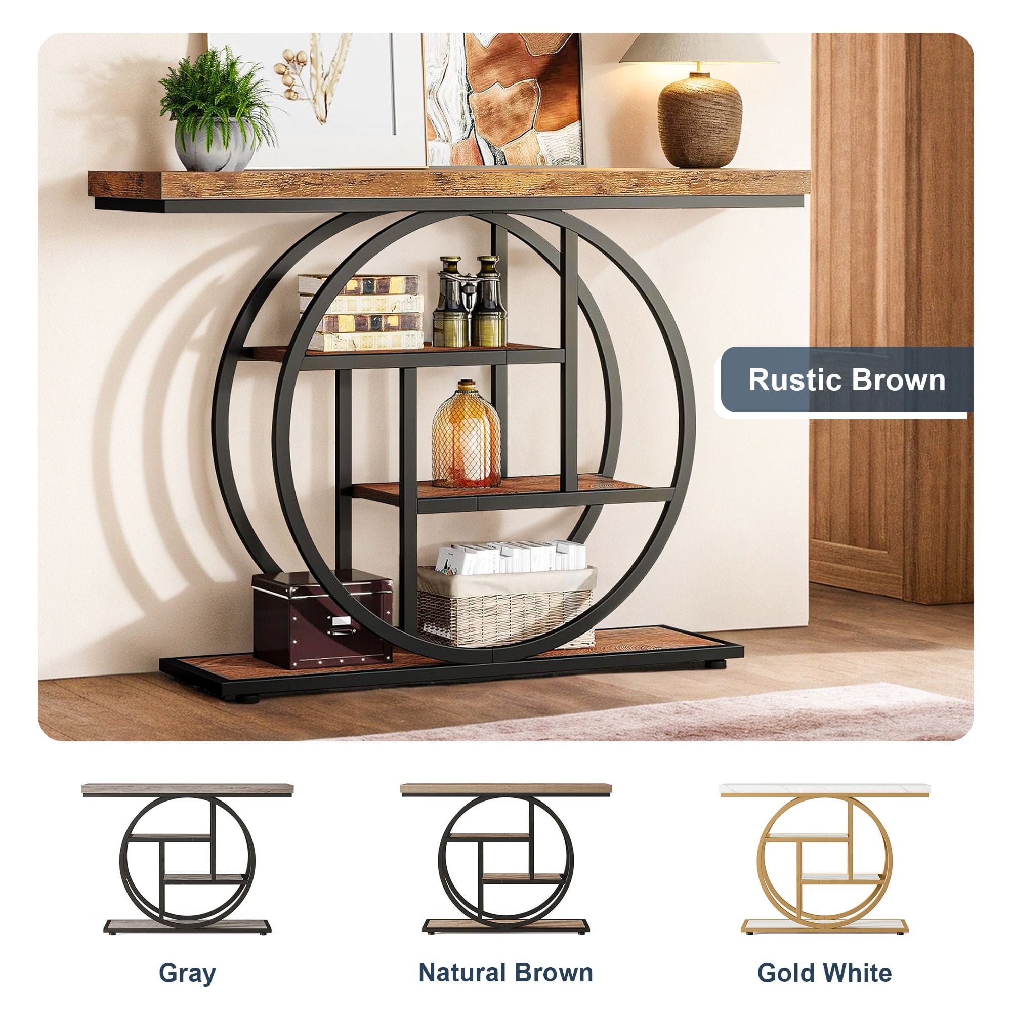 Demi Bonn 41"dustrial Console Table for Entryway, Farmhouse Sofa Tables Behind Couch, Rustic Wood and Metal Foyer Table with 3-Tier Shelves for Hallway Living Room, Rustic Brown