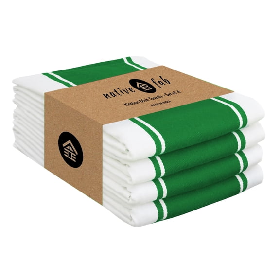 Native Fab Green Kitchen Towels 18 x 28 Inch, 4 Pack, Wide Stripe, Super Absorbent, Fast Dry, Soft, Cotton Dish Towels for Wiping Hands, Drying Dishes, Counter Cleaning Dish Cloth Set - Green