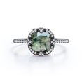 thumbnail image 1 of Halo Bezel Cluster - 1.5 Carat Asscher Cut Opaque Milky Moss Green Agate and Moissanite - Pave Engagement Ring - 18K Black Gold Plating over Silver, 1 of 4