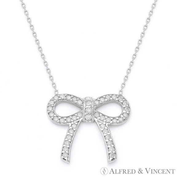 Bow-Knotted Ribbon CZ Crystal Charm Pendant & Chain Necklace in .925 Sterling Silver