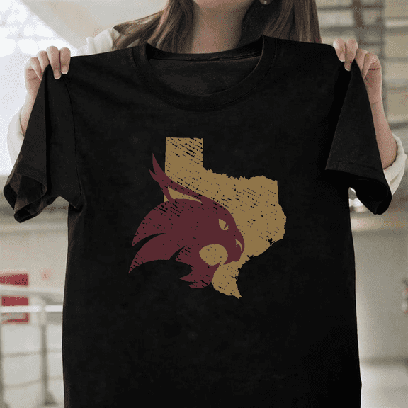 Texas State University Bobcats State Shape Fan Unisex T-Shirt, up to size 3XL.