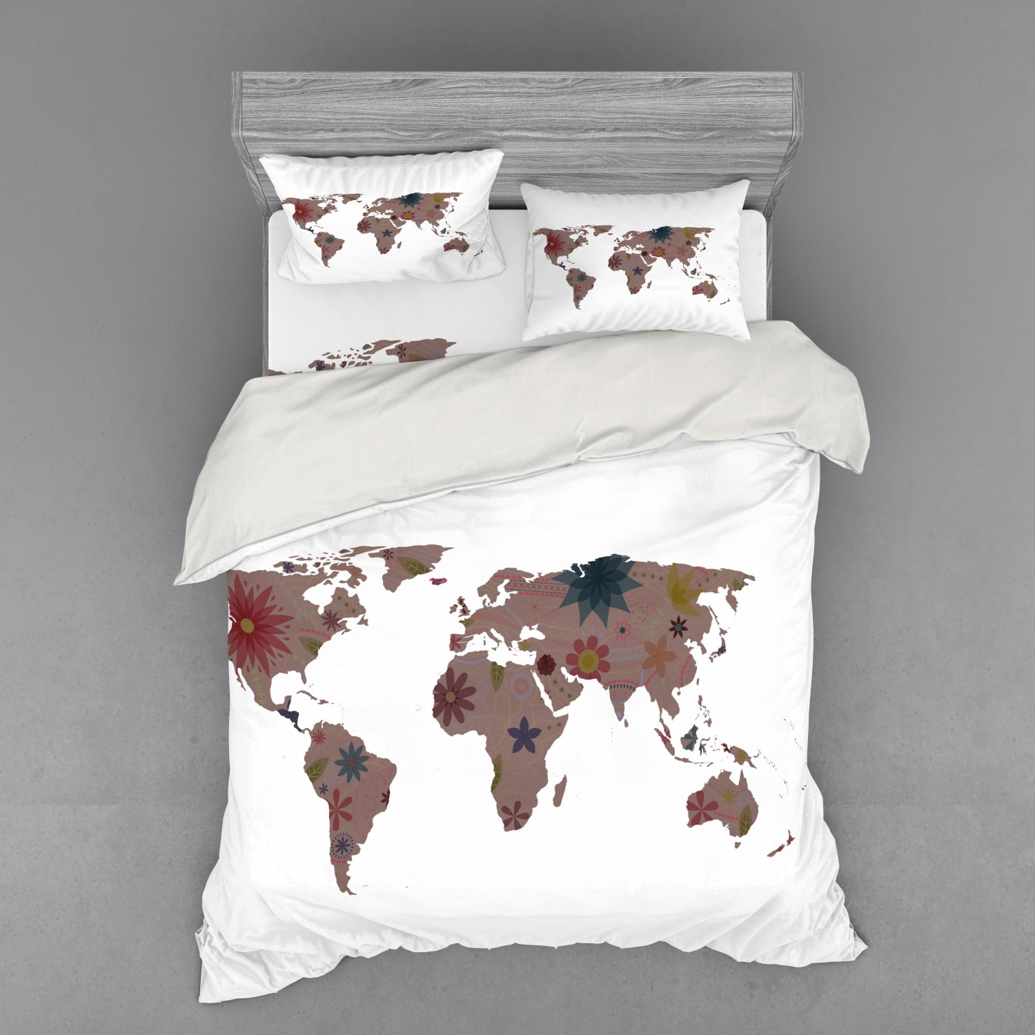 Floral World Map Duvet Cover Set, Vintage Earth Surface with Blooms Atlas Bohemian Globe Display