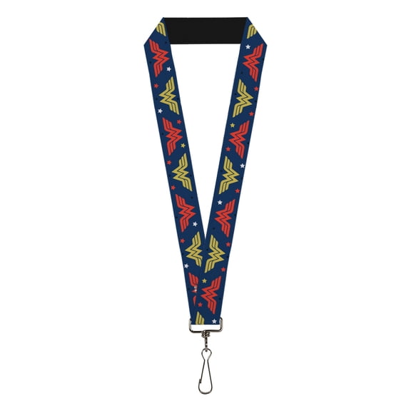DC Comics Lanyard, Wonder Woman WW Logo Flip and Stars Blue Red Gold, Elastic