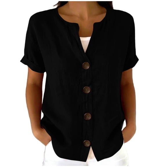 YUGYXL Womens V Neck Button Down Shirts Short Sleeve Loose Fit Solid Color Casual Blouses Summer Comfy Lounge Tunic Tops Black Tops L