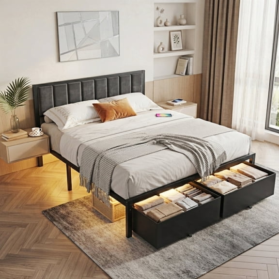 Kbun Queen Bed Frame with 2 Drawers and Upholstered Headboard, Outlets and LED Lights, Heavy Duty Metal Platform with Storage Space Under Frame, No Box Spring Needed, Noise Free, Gray