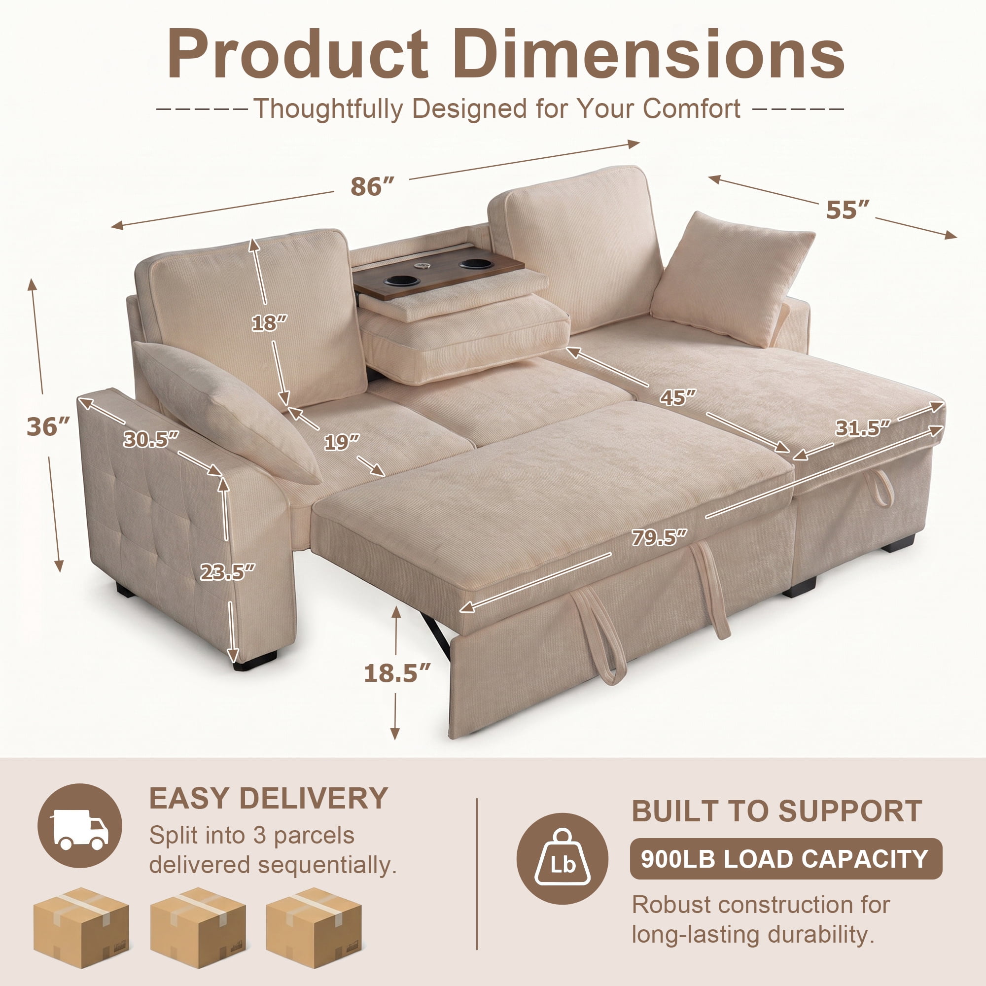 Aukfa 86" L-Shaped Convertible Sectional Sleeper Sofa Bed with USB & Cup Holders Console, Storage Chaise for Living Room, Chenille, Beige