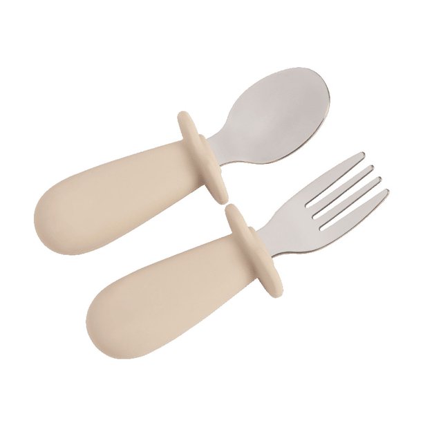 2-Piece Baby Spoon & Fork Set - Solid Color Stainless Steel & Silicone Tableware for Infant Food Feeding