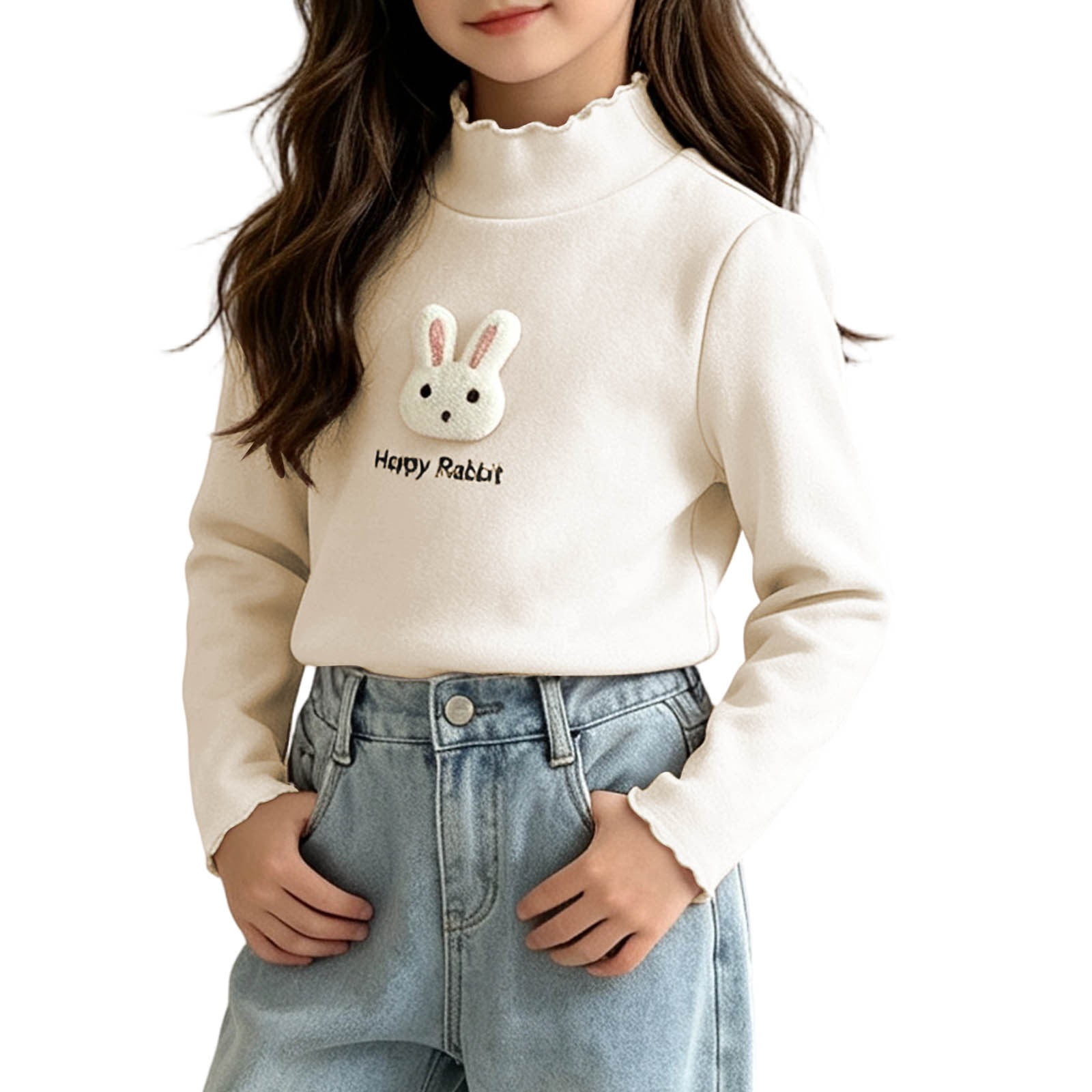 Yeaiivve Toddler Girls Long Sleeve Tops Ruffle Mock Neck Happy Rabbit Graphic Cute Tees Fall Casual T-Shirts Thin Fleece Thermal Undershirts for Kids Beige 2-3 Years