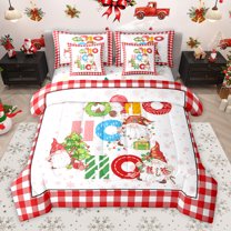 Homewish Kawaii Xmas Gnome 7 Pieces Bedding Comforter Set,Chic Christmas Tree Full Bedding Set,Red White Checkered Fitted Sheet Flat Sheet For Girls Kids,Ultra Soft Home Decor Reversible