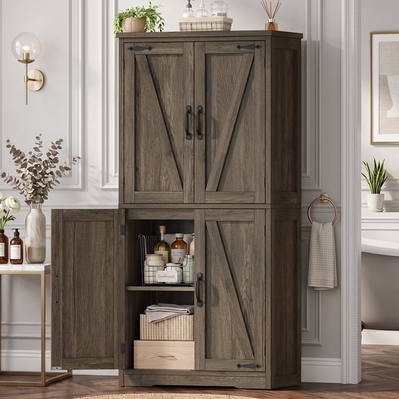 TEENFON Farmhouse Kitchen Pantry Storage Cabinet with 4 Barn Doors, Freestanding Accent Cabinet with 3 Shelves, Bathroom Storage Cabinet for Living Room, Dark brown
