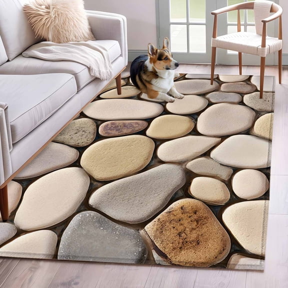 3'x5' Rug for Living Room Bedroom, Cobblestones Washable Area Rugs Non-Slip Carpet Mats, Natural Stones Gravel Rock Aesthetic Art Indoor Low Pile Area Rug Runner for Kitchen, Mudroom