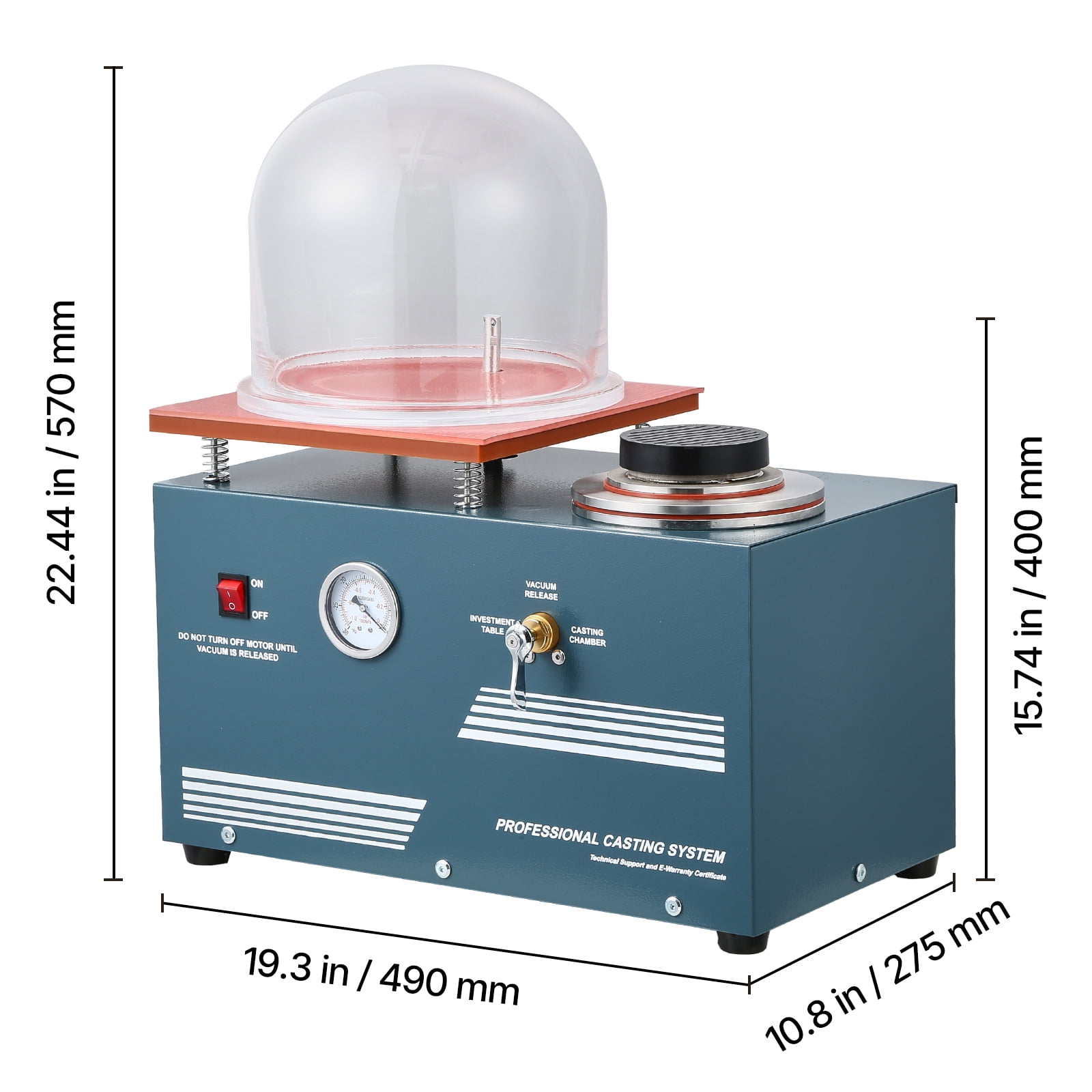 KFFKFF Vacuum Casting Machine with 290W Power, 3 CFM Pump, Bell Jar, Oil Injection Port, Precision Pressure Gauge, 11 x 11 in Workbench, Ideal for Jewelry and Metal Casting