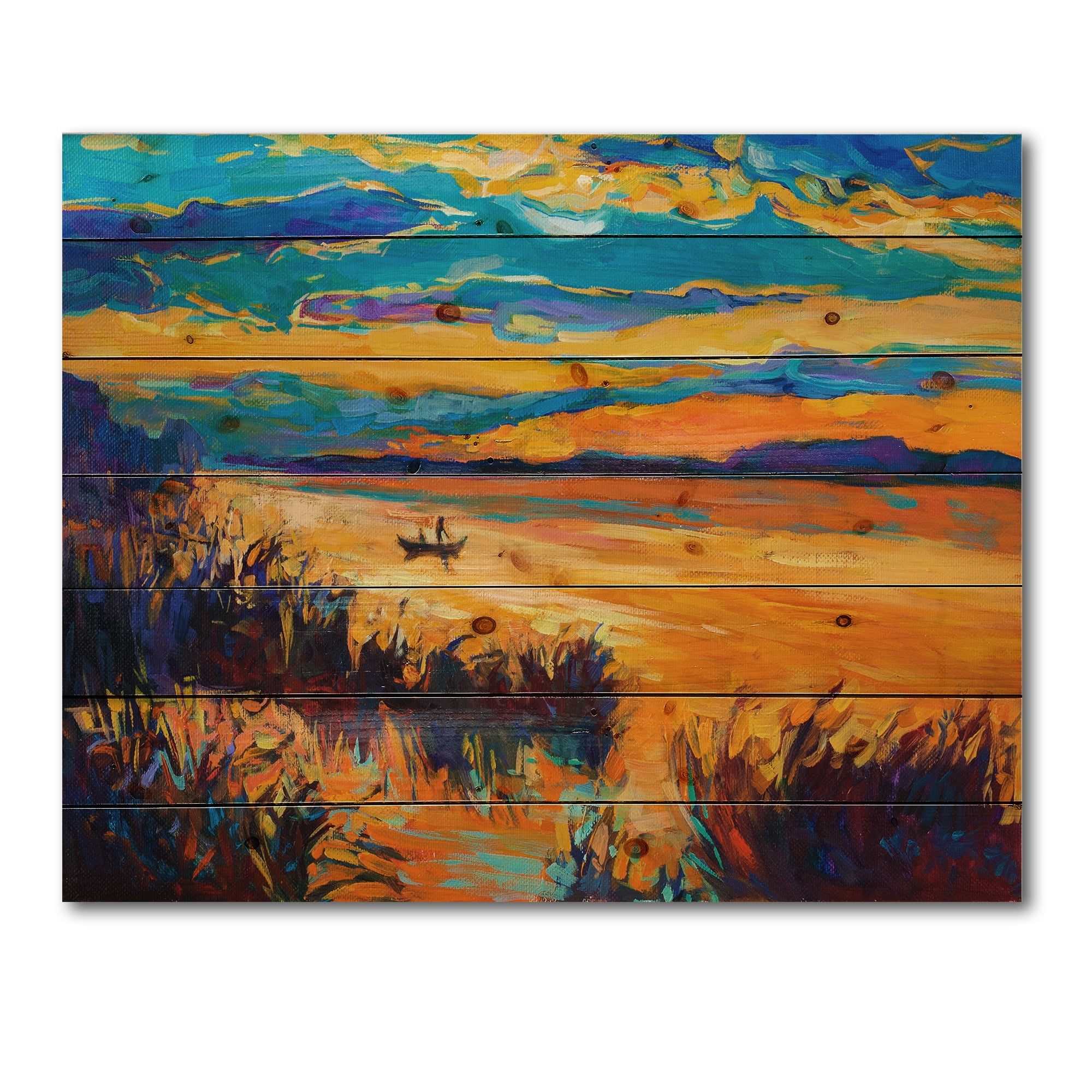 Designart 'Little Boat At The Horizon Of A Lake During Evening Glow' Nautical & Coastal Print on Natural Pine Wood