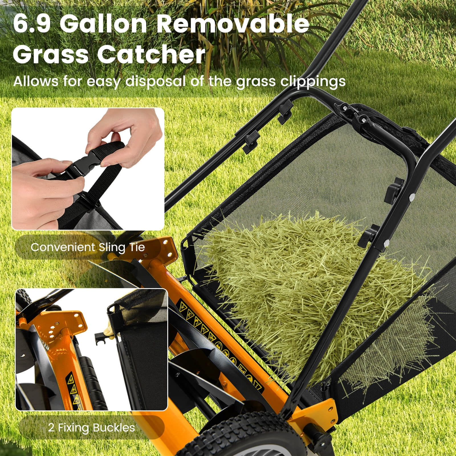 Ironmax 16” Push Lawn Mower,Cordless Manual Reel Mower,6.9Gallon Removable Grass Catcher Orange + Black