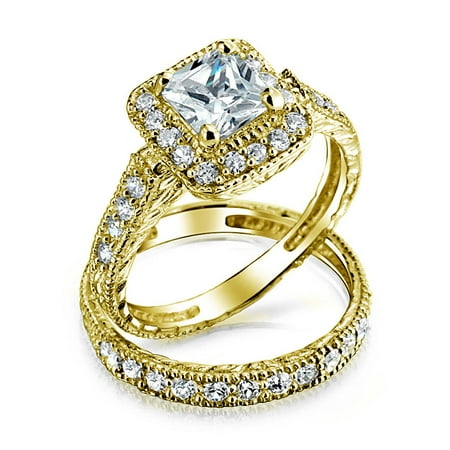 - Square Princess Brilliant Cut Halo AAA CZ Pave Band Engagement Wedding Ring Set For Women 14K Gold Plate Sterling Silver