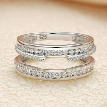 1.00 Ct Round Simulated Diamond Cathedral Ring Guard Enhancer, Sterling Silver with 14K White Gold Layer Wedding Band