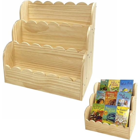 Scalloped Book Shelf for Kids, 3-Tier Wooden Bookshelf for Toddler, Durable Bookcase Book Organizer Display Furniture for Kids Rooms, Playroom, Nursery, Classroom (Natural, 16.5 * 16.5 * 11in)
