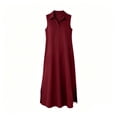thumbnail image 5 of Hduncf Casual Dresses for Women Summer Sleeveless V Neck Cotton Linen Sundress Solid Color Collared Button Up Beach Maxi Dress Red S, 5 of 5