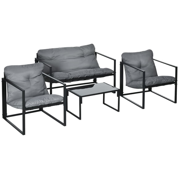 Ensemble de Mobilier de Patio Extérieur 4 Pcs avec Table en Verre Trempé, 1 Causeuse, 2 Fauteuils et Coussins Gris, Cadre en Acier Enduit de Poudre pour Jardin, Balcon et Sièges de Cour Arrière