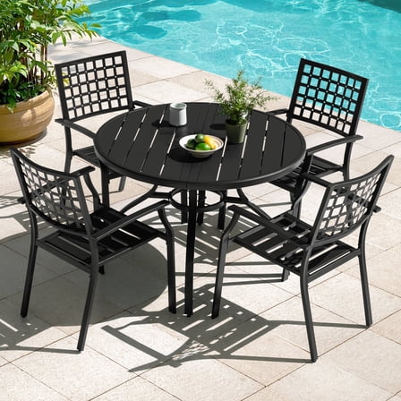 Nuu Garden 5-Piece Patio Dining Set, 4 Stackable Dining Chairs and 41 Inch Round Dining Table with Umbrella Hole, Powder-Coated Finish and Slatted Tabletop, All-Weather Outdoor Furniture, Black