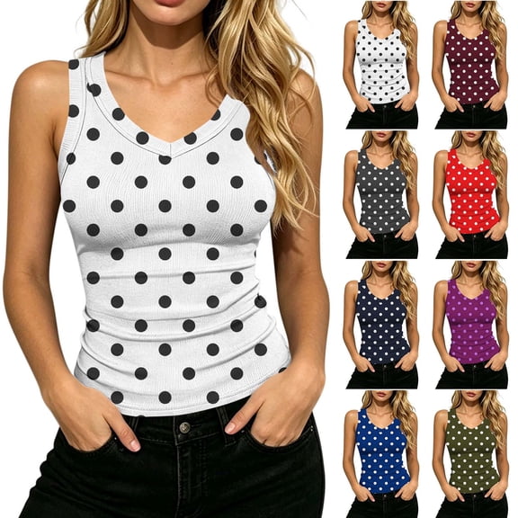 VBVC Women's V Neck Polka Dot Ribbed Tank Tops , Ladies' Slim Fit Sleeveless Summer Shirts , Stretchy Fitted Layering Basic Tees For Women,White,S-2XL