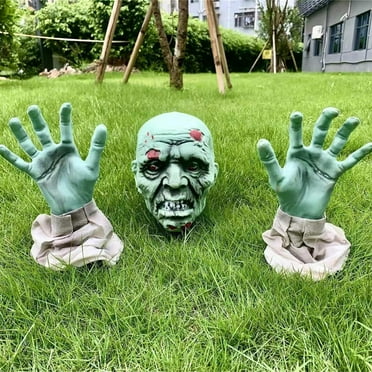 Wadada Halloween Ground Stake Prop Set 3-Piece Scary Skull and Hands Realistic Groundbreaker Zombie Decorations for Lawn and Garden Spooky Outdoor Halloween Decor (Green)