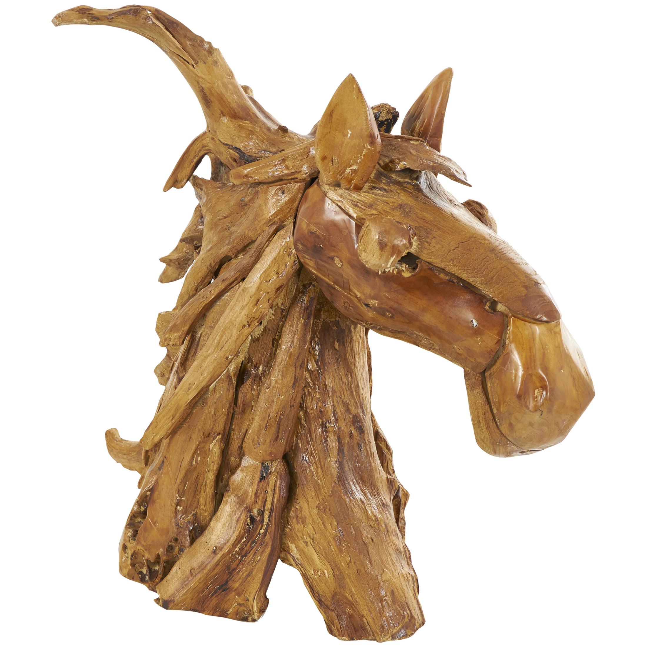 25" x 23" Brown Teak Wood Handmade Horse Sculpture, by DecMode