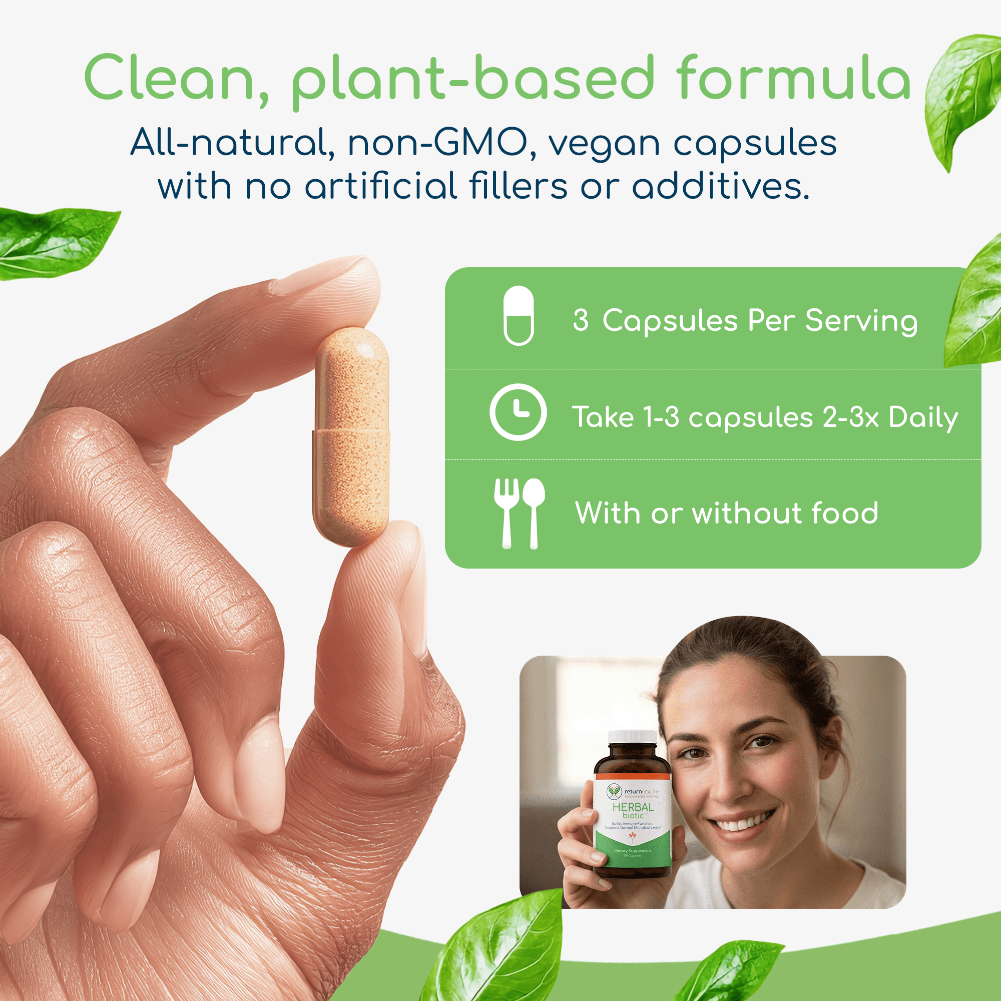 Return Healthy Herbal Biotic Immune Supplement for Women & Men, Natural System Booster with Cat's Claw for Probiotic Gut Balance, 120 Vegan Capsules