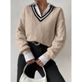 thumbnail image 4 of Womens V Neck Oversized Sweaters Long Sleeve Cable Knit Pullover Striped Chunky Sweater Casual Tennis Tunic Tops Khaki S, 4 of 6