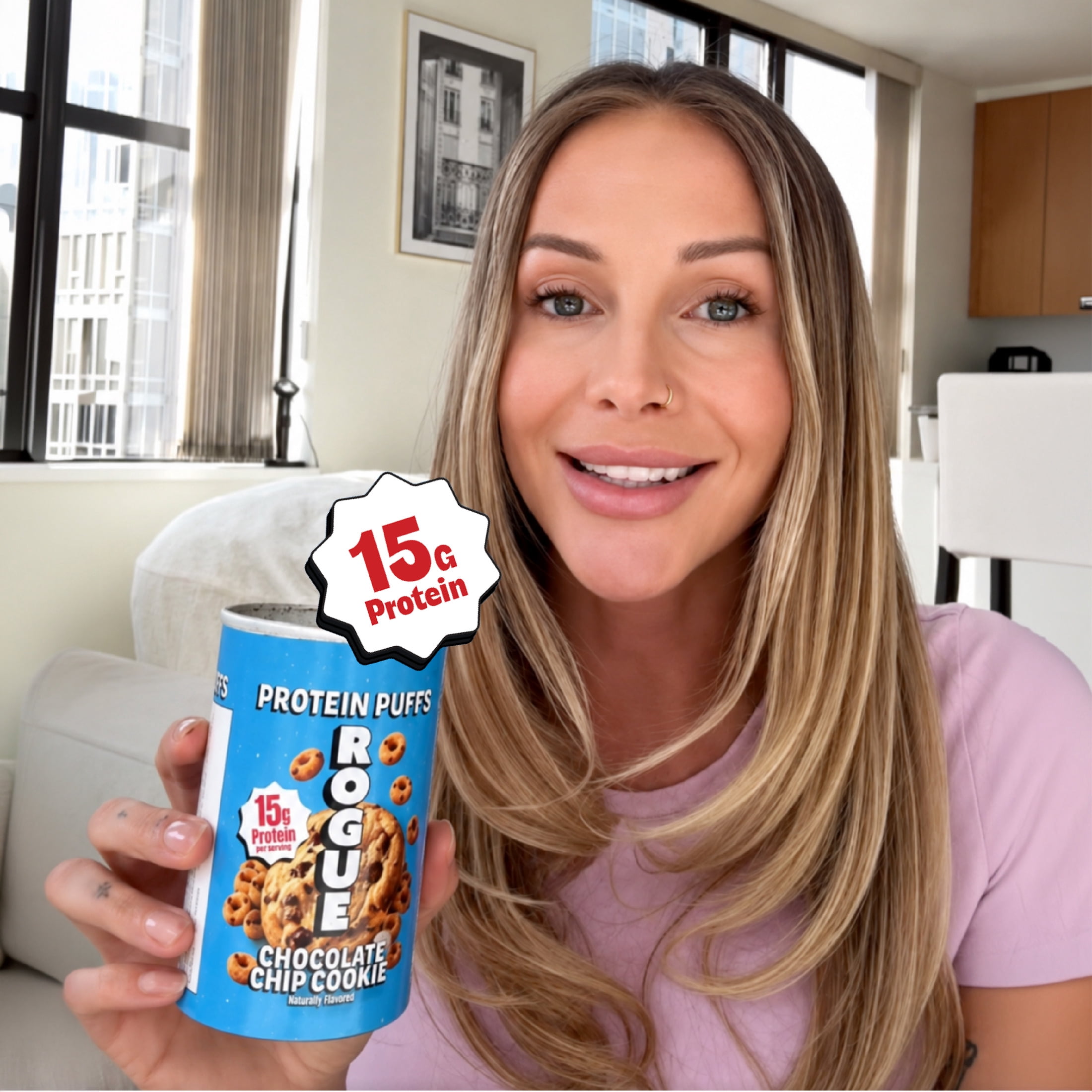 Rogue Snacks, Chocolate Chip Cookie Puffs, 15g Of Protein, Probiotics, 1.3 oz Can