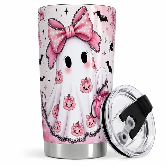 Pink Bow Ghost Tumbler, 20oz Insulated Drinkware for Halloween Fans Stainless steel insulated tumbler with lid, pink bow ghost and pumpkin art for water, iced coffee, tea, or office